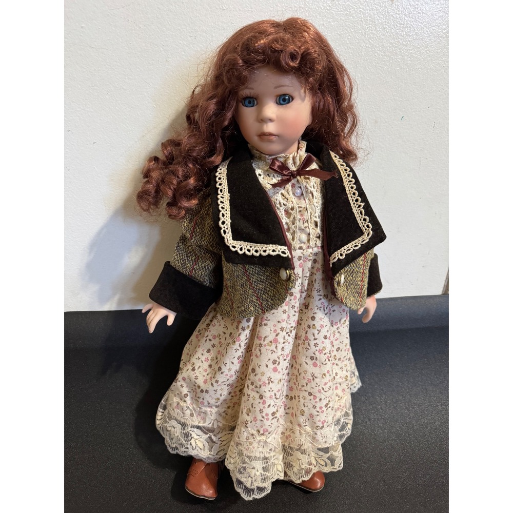 Seymour Mann Porcelain Doll Auburn Hair Blue Eyes Floral Dress Plaid Jacket 18in